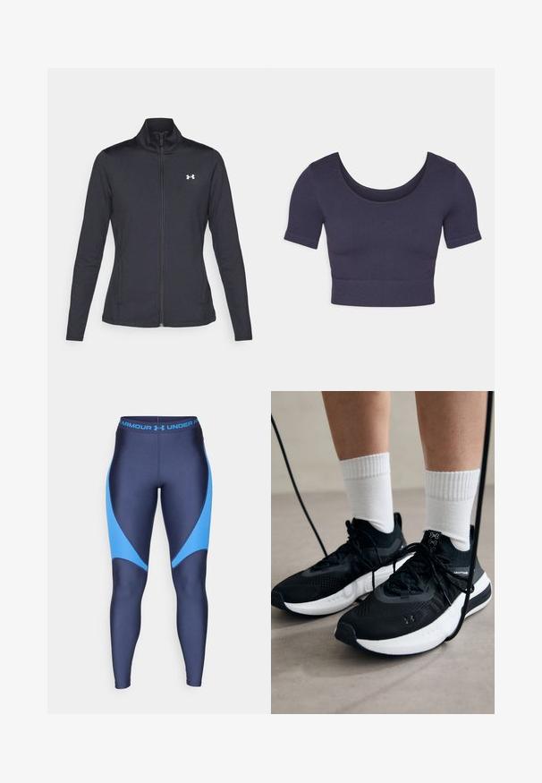 Čierna športová bunda vyrobená z hladkého, elastického materiálu s vysokým golierom a plným zipsom, s malým bielym logom na hornej ľavej strane.; Námornícky skrátený top s krátkymi rukávmi, vyrobený z rebrovanej tkaniny. Má zaoblený výstrih a priliehavý strih.; Námornícke legíny s svetlomodrými akcentmi, vyrobené z hladkej a elastickej látky. Majú široký pás so značkovým logom v modrej farbe.; Čierne športové topánky s textúrovanou tkaninou, bielou podrážkou a čiernymi šnúrkami. Nosené s bielymi rebrovanými ponožkami, postavené na svetlom povrchu.