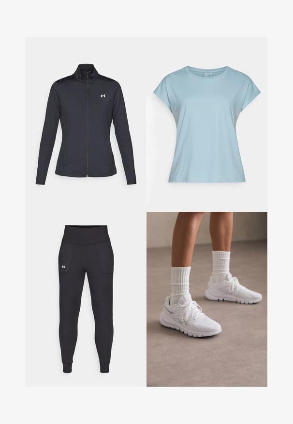 Mustmust mustrits mustritud jahk, valmistatud sujuvast, venivast kangast, kõrge kraega ja täispika tõmbluku ning väikese valge logoga vasakul üleval poole.; Hele sinine lühikeste varrukatega T-särk, mis on valmistatud pehmest kangast. Omab ümarat kaelust, vabalt langevat lõiget ja õmmeldud ääri. Ilma mustrite ja kaunistusteta.; Mustad must-harjutuslegid, mis on valmistatud elastse materjali jaoks, kõrge vöökoha, küljetaskute ja tihedalt istuvate pahkluude vahega.; Valged spordijalatsid tekstuurse kangaga, paelad ja hõbedased aktsendid, koos valgete ribakudumiste sokkidega, neutraalsel põrandal.