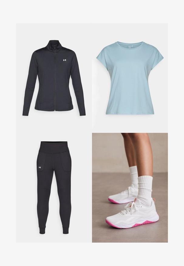 Schwarze Sportjacke aus glattem, dehnbarem Stoff mit hohem Kragen und durchgehendem Reißverschluss, ausgestattet mit einem kleinen weißen Logo auf der oberen linken Seite.; Helles blaues T-Shirt mit kurzen Ärmeln aus einem weichen Material. Es hat einen runden Ausschnitt, einen lockeren Schnitt und umgenähte Säume. Keine Muster oder Verzierungen.; Schwarze Sportleggings aus dehnbarem Material, mit hohem Taillenbund, seitlichen Taschen und schmalen Bündchen am Knöchel.; Weiße Sportschuhe mit pinken Akzenten, atmungsaktives Mesh-Obermaterial, strukturierte Sohle und runde Schnürsenkel, kombiniert mit weißen gerippten Socken.