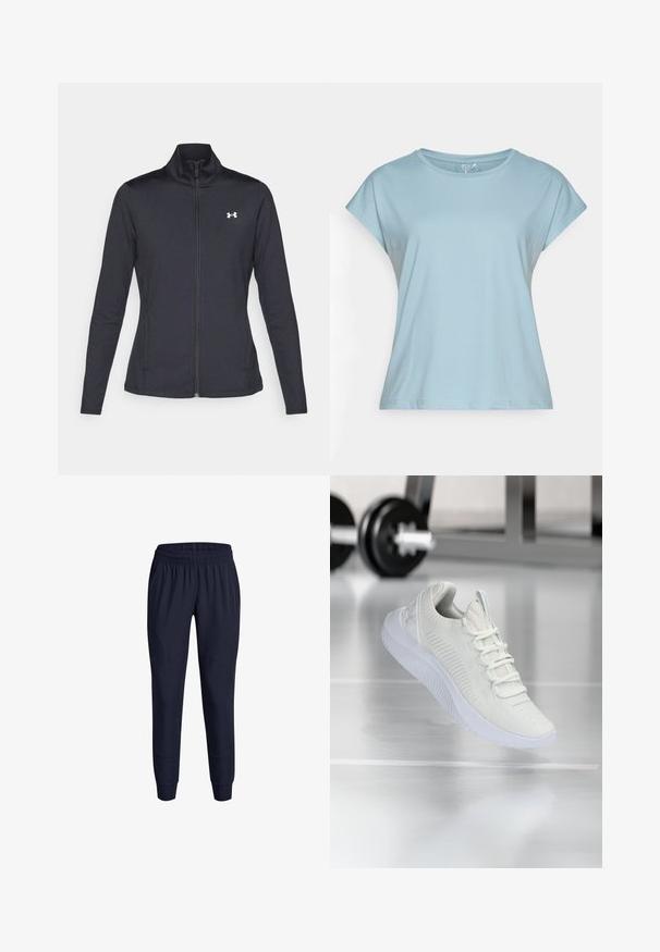 Melnās sporta jakas izgatavotas no gludas, elastīgas auduma ar augstu apkakli un pilnu rāvējslēdzēju, ar nelielu baltu logo augšējā kreisajā pusē.; Gaiši zila īsām piedurknēm T-kreklā, kas izgatavots no mīksta auduma. Iezīmē apļveida kakla izgriezumu, brīvu piegriezumu un nostiprinātas maliņas. Nav rakstu vai dekorācijām.; Jūras kara flotes sporta bikses ar elastīgu jostu, sašaurinātu kāju un sānu kabatām, izstrādātas no viegla, gluda auduma.; Baltas sporta apavi ar teksturētu sietu augšdaļu un sasiešanas sistēmu, ar mīkstu baltu zoli un smalkiem ribotiem akcentiem.