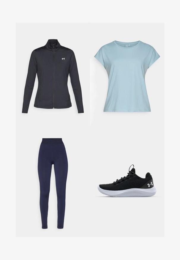 Črna atletska jakna iz gladkega, raztegljivega blaga z visokim ovratnikom in polnim zadrgo, ki ima majhen bel logotip na zgornji levi strani.; Svjetloplavi majica kratkih rukava izrađena od mekog materijala. Ima okrugli izrez, opušteni kroj i šavovane rubove. Nema uzoraka ni ukrasa.; Morske legginge z visokim pasom, ki imajo teksturiran elastičen pas. Prilegajoča se zasnova z gladkim materialom in brez vidnih šivov.; Črne športne copate z zračnim mrežastim zgornjim delom, strukturnimi detajli in belo gumijasto podplat. Imajo ravne vezalke in zanko na peti.