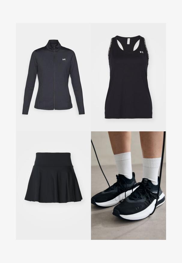 Black athletic jacket made of smooth, stretchy fabric with a high collar and full zipper, featuring a small white logo on the upper left side.; Black athletic tank top with a scoop neckline and racerback design. Features logo and patterned straps. Made from lightweight, breathable material.; Stronger ESSENTIAL SKORT - Sports skirt - black; Black athletic shoes with textured fabric, white sole, and black laces. Worn with white ribbed socks, standing on a light surface.