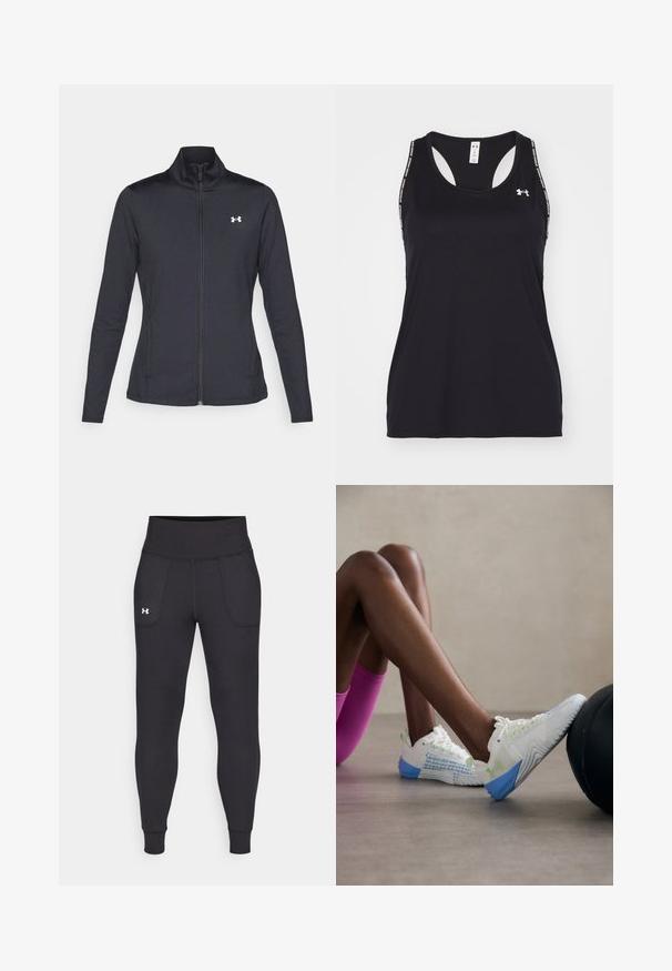 Crna atletska jakna napravljena od glatkog, rastezljivog materijala s visokim kragnom i punim patentnim zatvaračem, s malim bijelim logotipom na gornjoj lijevoj strani.; Crni atletski top s okruglim izrezom i dizajnom s leđima s naramenicama. Ima logo i uzorke na naramenicama. Izrađen je od laganog, prozračnog materijala.; Crne sportske tajice napravljene od rastezljivog materijala, sa visokim pojasom, bočnim džepovima i uskim manžetama na gležnjevima.; Bijele atletske cipele imaju mrežasti dizajn s zelenim akcentima i platom, ističući textured uzorak sa strane.