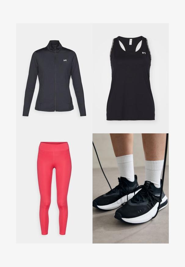 Casaco atlético preto feito de um tecido liso e elástico, com gola alta e zíper completo, apresentando um pequeno logótipo branco no canto superior esquerdo.; Camisola de desporto preta, com decote em forma de U e design às costas em estilo nadador. Apresenta logótipo e alças estampadas. Feita de material leve e respirável.; Leggings cor-de-rosa intenso com uma cintura alta, textura suave e um design ajustado. Apresenta uma marcação discreta na parte inferior da perna esquerda.; Sapatilhas desportivas pretas com tecido texturizado, sola branca e atacadores pretos. Usadas com meias brancas caneladas, a pé sobre uma superfície clara.