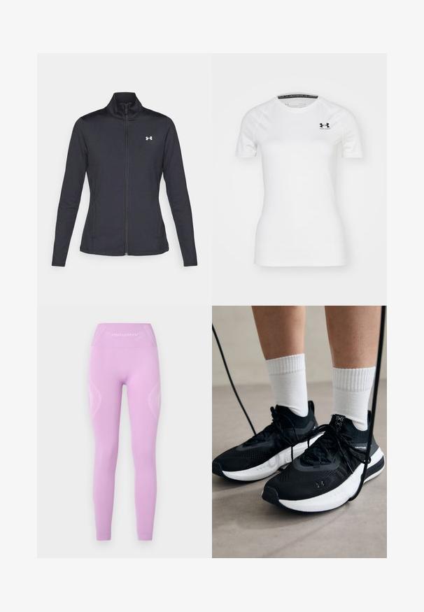 Mustmust mustrits mustritud jahk, valmistatud sujuvast, venivast kangast, kõrge kraega ja täispika tõmbluku ning väikese valge logoga vasakul üleval poole.; Valge lühikeste varrukatega spordit-särk, mis on valmistatud siledast kangast, millel on must Under Armouri logo vasakul ülemisel rinnal ja ümmargune kaelus.; Heledad hallatused heledad lillad leggingsid, millel on kõrge vöökoht, tekstureeritud külgdetailid ja maheda logoga esiküljel, valmistatud venivast kangast.; Mustad mustad jalanõud tekstuuritud kangast, valge tallaga ja mustade paeltega. Kanna valgete soonikkudega sokkide sisse, seistes helesinisel pinnal.