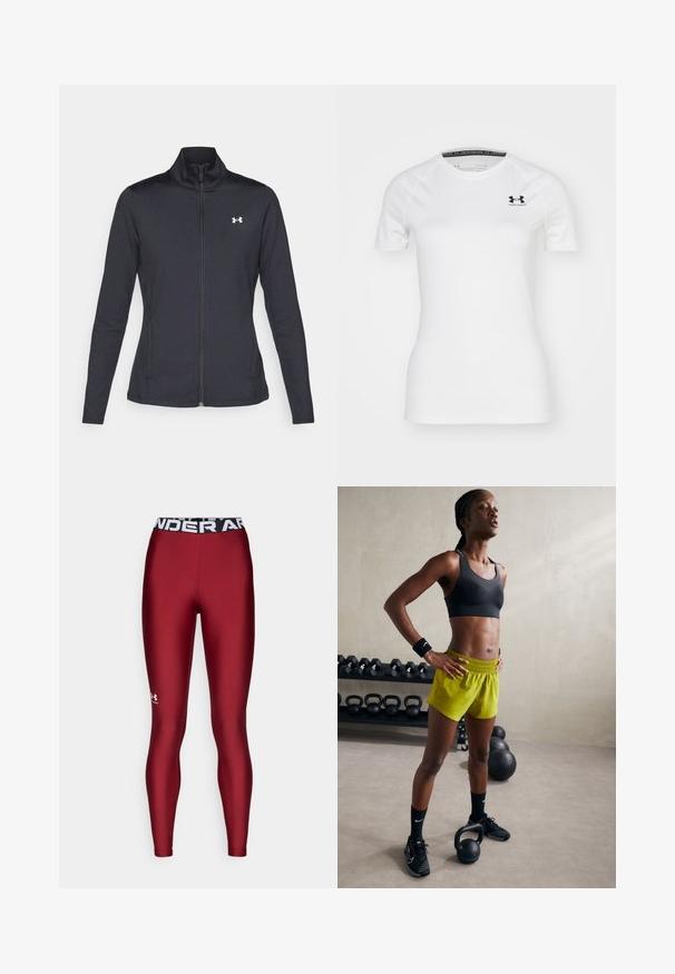 Czarna sportowa kurtka z gładkiego, elastycznego materiału, z wysokim kołnierzem i pełnym zamkiem, z małym białym logo na górnej lewej stronie.; Biała, krótko rękawowa koszulka sportowa wykonana z gładkiego materiału, z czarnym logo Under Armour na górnej lewej części klatki piersiowej oraz okrągłym dekoltem.; Bordowe legginsy wykonane z elastycznego materiału z czarnym elastycznym paskiem w talii, na którym widnieje biały napis "UNDER ARMOUR".; Czarny stanik sportowy, jasne żółte szorty z elastycznym pasem, czarne buty sportowe i opaski na nadgarstki, stojące obok kettlebelli.