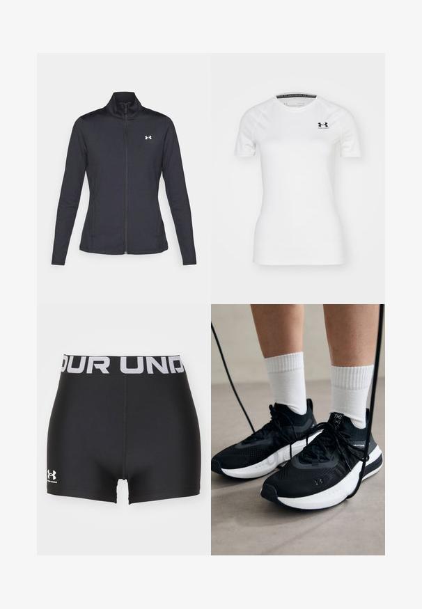 Czarna sportowa kurtka z gładkiego, elastycznego materiału, z wysokim kołnierzem i pełnym zamkiem, z małym białym logo na górnej lewej stronie.; Biała, krótko rękawowa koszulka sportowa wykonana z gładkiego materiału, z czarnym logo Under Armour na górnej lewej części klatki piersiowej oraz okrągłym dekoltem.; Czarne spodenki sportowe wykonane z gładkiego, elastycznego materiału. Posiadają szeroki elastyczny pas z napisem "UNDER ARMOUR" oraz logo na dolnym brzegu.; Czarne buty sportowe z teksturowanym materiałem, białą podeszwą i czarnymi sznurowadłami. Nosi je osoba w białych skarpetkach w prążki, stojąca na jasnej powierzchni.
