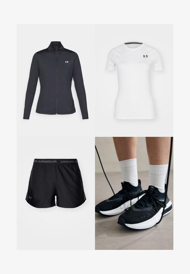 Črna atletska jakna iz gladkega, raztegljivega blaga z visokim ovratnikom in polnim zadrgo, ki ima majhen bel logotip na zgornji levi strani.; Bela športna majica s kratkimi rokavi iz gladkega blaga, z črnim logotipom Under Armour na zgornjem levem prsnem delu in okroglim izrezom.; Črne atletske kratke hlače z širokim elastičnim pasom, na katerem je siva besedna oznaka "UNDER ARMOUR". Mehka, lahka tkanina z stranskimi razporki za boljšo gibljivost.; Črne športne čevlje z strukturirano tkanino, belo podplatom in črnimi vezalkami. Nosi se z belimi rebrastimi nogavicami, stoje na svetli površini.