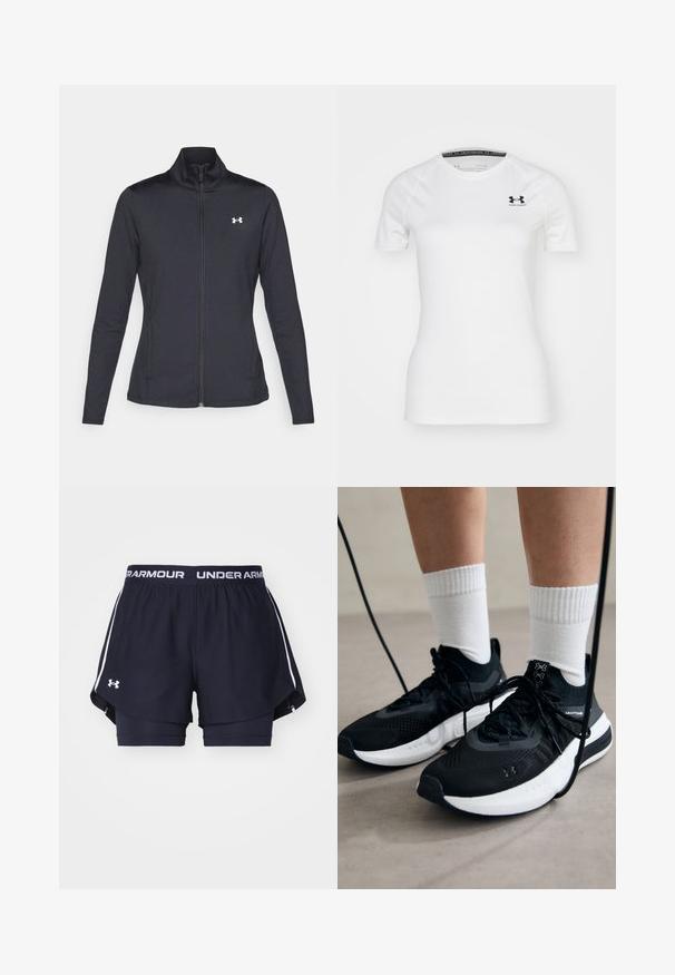 Musta urheilutakki, joka on valmistettu sileästä ja joustavasta kankaasta. Takissa on korkea kaulus ja täysipitkä vetoketju, sekä pieni valkoinen logo vasemmalla ylhäällä.; Valkoinen lyhythihainen urheilupaita, joka on valmistettu sileästä kankaasta. Paidassa on musta Under Armour -logo vasemmassa ylärintapuoliskossa ja pyöreä kaula-aukko.; Laivaston urheiluhousut valkoisella logolla ja vyötäröllä. Ominaisuudet: kerroksellinen muotoilu, jossa on sisempi istuva housu ja kevyt kangas.; Mustat urheilukengät, joissa on teksturoitua kangasta, valkoiset pohjat ja mustat nauhat. Yhdistetty valkoisten urheilusukkien kanssa, seisten vaalealla pinnalla.