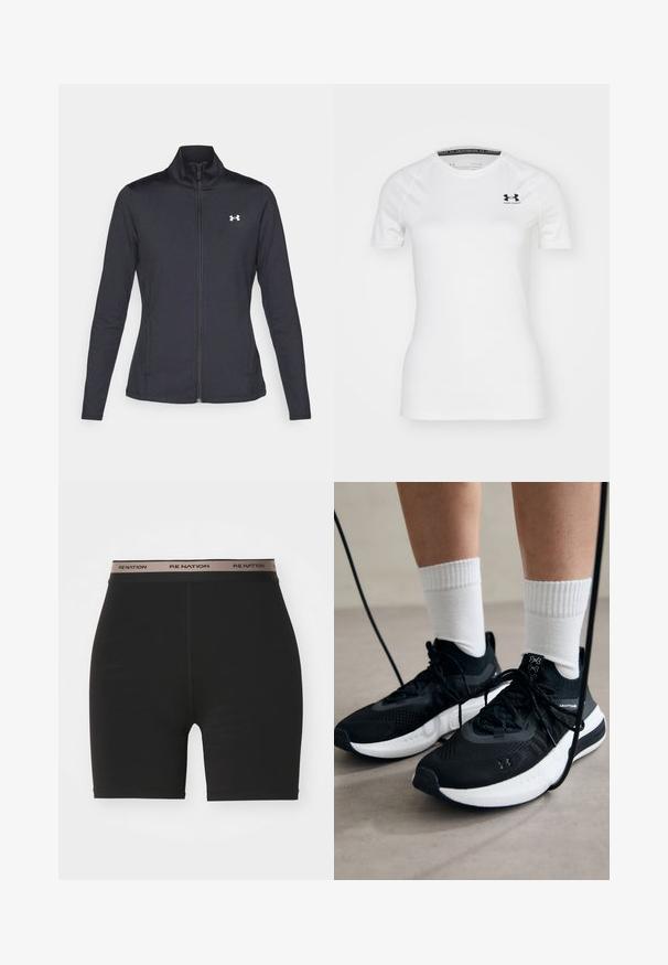 Casaco atlético preto feito de um tecido liso e elástico, com gola alta e zíper completo, apresentando um pequeno logótipo branco no canto superior esquerdo.; T-shirt atlético de manga curta branca, feita de um tecido liso, com um logotipo preto da Under Armour no canto superior esquerdo do peito e um decote redondo.; Calções de ciclismo pretos feitos de material elástico com um design ajustado. Apresenta uma cintura elástica larga com a marca "P.E NATION".; Sapatilhas desportivas pretas com tecido texturizado, sola branca e atacadores pretos. Usadas com meias brancas caneladas, a pé sobre uma superfície clara.