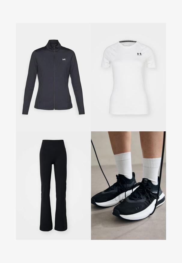 Casaco atlético preto feito de um tecido liso e elástico, com gola alta e zíper completo, apresentando um pequeno logótipo branco no canto superior esquerdo.; T-shirt atlético de manga curta branca, feita de um tecido liso, com um logotipo preto da Under Armour no canto superior esquerdo do peito e um decote redondo.; Leggings pretos de perna larga feitos de tecido elástico, com uma cintura alta e uma textura suave, sem padrões ou adornos visíveis.; Sapatilhas desportivas pretas com tecido texturizado, sola branca e atacadores pretos. Usadas com meias brancas caneladas, a pé sobre uma superfície clara.