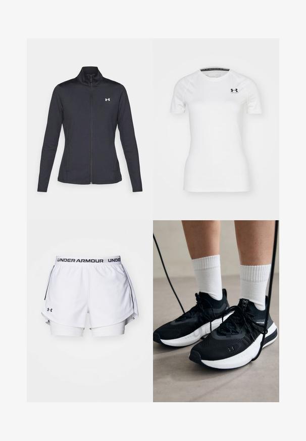 Črna atletska jakna iz gladkega, raztegljivega blaga z visokim ovratnikom in polnim zadrgo, ki ima majhen bel logotip na zgornji levi strani.; Bela športna majica s kratkimi rokavi iz gladkega blaga, z črnim logotipom Under Armour na zgornjem levem prsnem delu in okroglim izrezom.; Bele športne kratke hlače z črnimi logotipom Under Armour na pasu. Imajo plastičen dizajn z notranjim podlogom in stranskimi razpoke za mobilnost.; Črne športne čevlje z strukturirano tkanino, belo podplatom in črnimi vezalkami. Nosi se z belimi rebrastimi nogavicami, stoje na svetli površini.