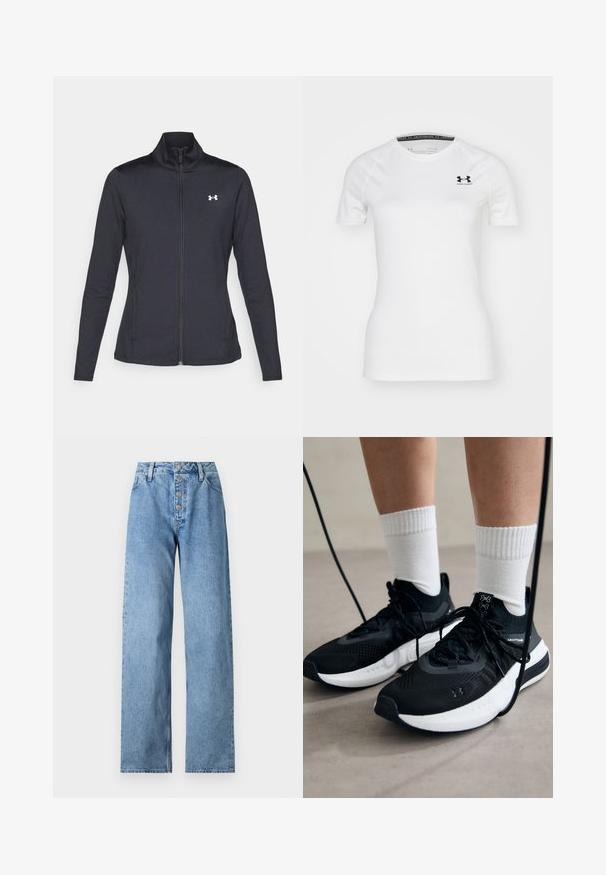 Black athletic jacket made of smooth, stretchy fabric with a high collar and full zipper, featuring a small white logo on the upper left side.; White short-sleeve athletic t-shirt made of smooth fabric, featuring a black Under Armour logo on the upper left chest and a round neckline.; Light blue denim jeans with a high waist, wide-leg cut, five-button closure, and belt loops. Fabric has a smooth texture with minimal fading.; Black athletic shoes with textured fabric, white sole, and black laces. Worn with white ribbed socks, standing on a light surface.