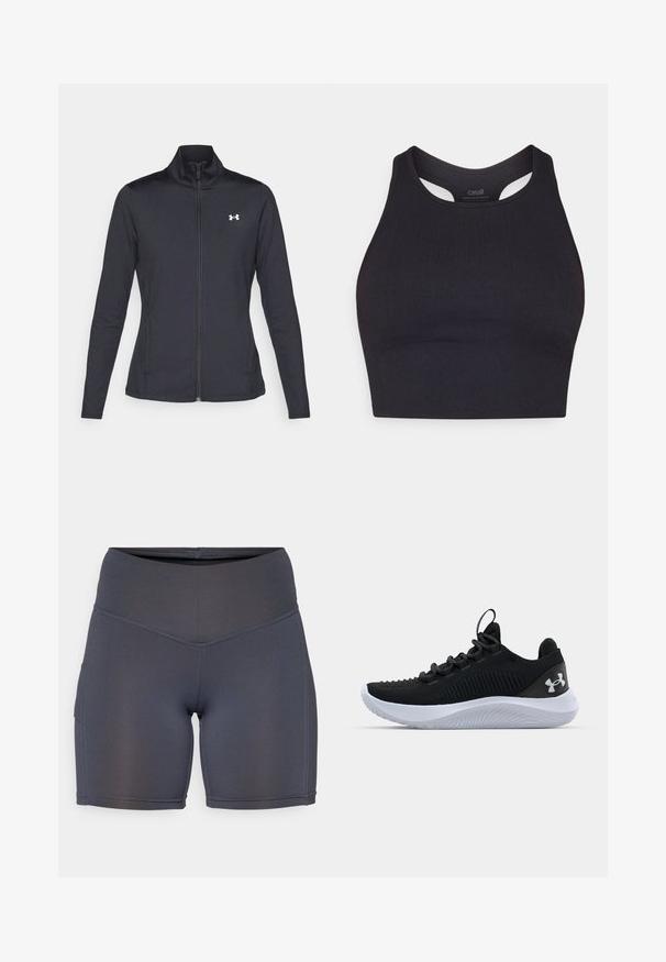 Mustmust mustrits mustritud jahk, valmistatud sujuvast, venivast kangast, kõrge kraega ja täispika tõmbluku ning väikese valge logoga vasakul üleval poole.; Mustetat sportlik crop top, mis on valmistatud ribatud materjalist, omades ilma varrukateta disaini ja ümmargust kaelust lõikedetailidega.; Tumedashall sportlikud lühikesed püksid, mis on valmistatud siledast ja venivast kangast. Omavad kõrget vöökohaga ja kontrastset õmblust, küljetehnoloogia taskud.; Mustad mustren pruunid sportlikud kingad, millel on hingav võrgust pealis, tekstuuriga detailid ja valgest kummist talla. Omavad lapikuid paelu ja kandmismehhanismi.