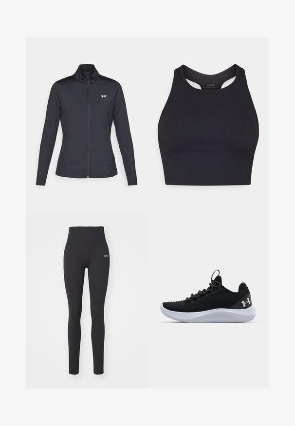 Giacca sportiva nera realizzata in tessuto morbido ed elasticizzato, con colletto alto e zip completa, caratterizzata da un piccolo logo bianco sul lato sinistro superiore.; Top corto atletico nero realizzato in materiale a coste, con design senza maniche e scollatura rotonda con dettagli a taglio.; ICANIWILL DEFINE SEAMLESS POCKET - Leggings - navy; Scarpe sportive nere con una tomaia in mesh traspirante, dettagli testurizzati e una suola in gomma bianca. Presentano lacci piatti e un passante sul tallone.