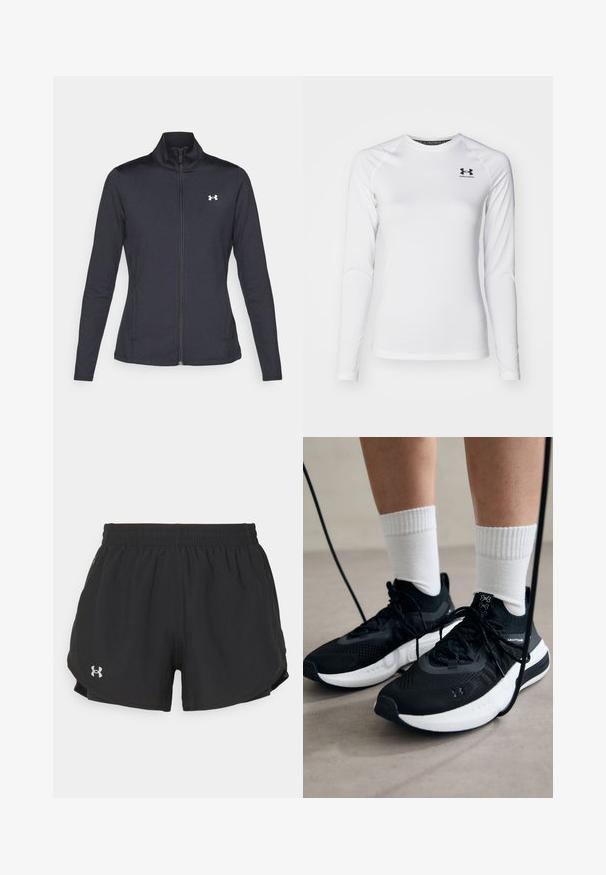 Melnās sporta jakas izgatavotas no gludas, elastīgas auduma ar augstu apkakli un pilnu rāvējslēdzēju, ar nelielu baltu logo augšējā kreisajā pusē.; Garša ar garām piedurknēm, balts sporta krekls, kas izgatavots no gludas auduma, ar apaļu kakla izgriezumu un melnu logo augšējā kreisajā krūtī.; Melnas sporta šortus ar elastīgu jostasviegojumu, sānu kabatām un mazu sudraba logotipu zem kreisās puses. Gluda tekstūra un vieglais dizains.; Melni sporta apavi ar strukturētu audumu, balta zole un melni šņores. Valkāti ar baltām ribotām zeķēm, stāvot uz gaišas virsmas.