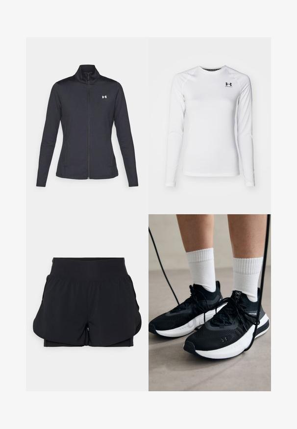 Fekete sportos dzseki sima, rugalmas anyagból, magas gallérral és teljes cipzárral, az elülső bal oldalon egy kis fehér logóval.; Hosszú ujjú, fehér sportpóló sima anyagból, kerek nyakkivágással és fekete logóval a bal felső mellrészen.; Fekete sportnadrág, réteges kivitelben, széles derékpánttal és belső béléssel. Simogató, rugalmas anyagból készült.; Fekete sportcipők textúrált anyagból, fehér talppal és fekete fűzőkkel. Fehér bordázott zoknikkal viselve, világos felületen állva.