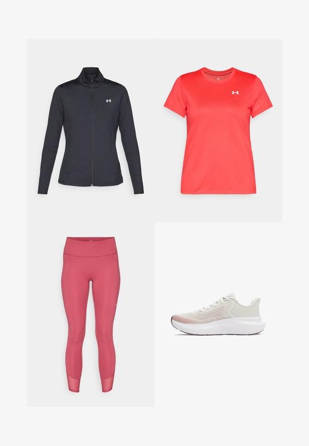 Schwarze Sportjacke aus glattem, dehnbarem Stoff mit hohem Kragen und durchgehendem Reißverschluss, ausgestattet mit einem kleinen weißen Logo auf der oberen linken Seite.; Kurzärmeliges sportliches T-Shirt in leuchtendem Rot, aus glattem Synthetik-Material. Mit einem kleinen weißen Logo auf der oberen linken Brust.; Puma Leggings in einem mittelpink Farbton, aus einem glatten, dehnbaren Stoff mit einem hohen Bund und Netzakzenten in der Nähe der Knöchel.; Leichte Sportschuhe mit einem atmungsaktiven weißen Netzobermaterial, einem Verlauf in Pink-Akzenten und einer dicken weißen Sohle mit strukturierten Details.