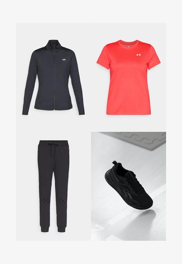 Black athletic jacket made of smooth, stretchy fabric with a high collar and full zipper, featuring a small white logo on the upper left side.; Short-sleeve athletic t-shirt in bright red, made of smooth synthetic material. Features a small white logo on the upper left chest.; Black sweatpants made of soft fabric, featuring an elastic waistband with a drawstring, tapered legs with ribbed cuffs, and a small logo accent.; Black athletic shoe with a mesh upper, featuring textured accents and a flat sole shape. Includes tonal branding and a pull tab at the heel.