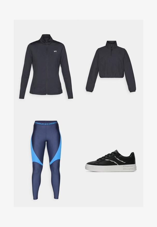 Mustmust mustrits mustritud jahk, valmistatud sujuvast, venivast kangast, kõrge kraega ja täispika tõmbluku ning väikese valge logoga vasakul üleval poole.; Lühendatud must jakk kõrge kraega, 1/4 lukuga, elastse alläärega ja pikkade varrukatega; valmistatud siledast ja kergest kangast.; Tumed legginsid helesinise aktsentidega, valmistatud siledast ja venivast kangast. Omab laia vööd, millel on brändi logo sinises värvuses.; Must musta kingad valge tallaga, õhukeste hõbedaste detailidega ja nööpidega kujundusega. Sile tekstuur ja bränditud detailid kandadel.