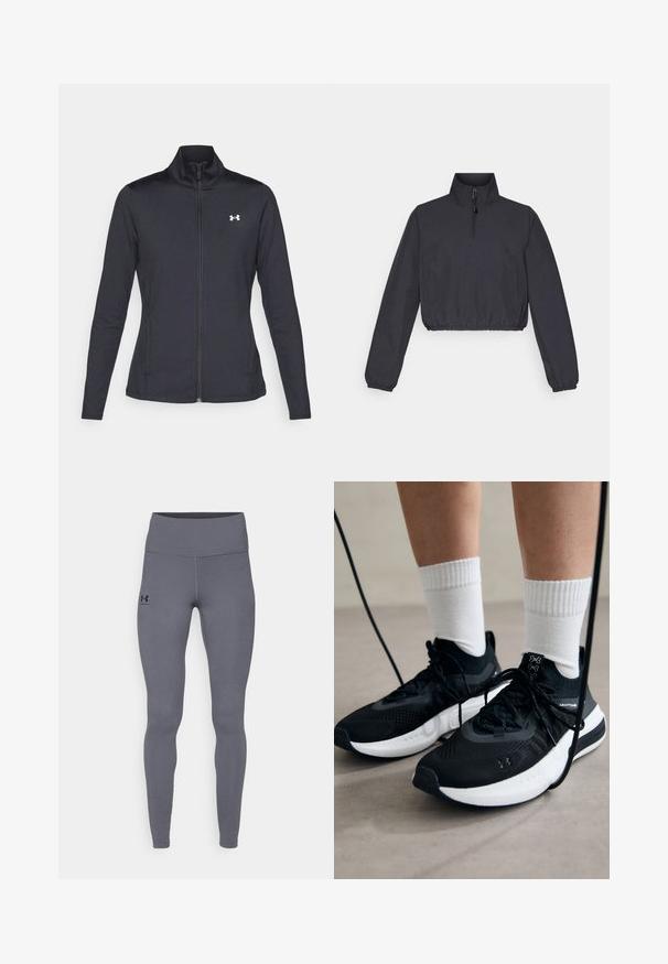 Giacca sportiva nera realizzata in tessuto morbido ed elasticizzato, con colletto alto e zip completa, caratterizzata da un piccolo logo bianco sul lato sinistro superiore.; Giacca nera cropped con colletto alto, zip 1/4, orlo elastico e maniche lunghe; realizzata in un tessuto liscio e leggero.; Leggings atletici grigi realizzati in un materiale liscio e elasticizzato. Vita alta e gambe aderenti. Logo nero sull'anca sinistra. Senza cuciture visibili.; Scarpe sportive nere con tessuto testurizzato, suola bianca e lacci neri. Indossate con calzini bianchi a costine, in piedi su una superficie chiara.