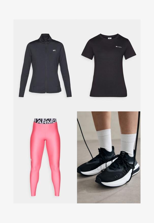 Svart treningsjakke laget av glatt, elastisk stoff med høy krage og hel glidelås, med en liten hvit logo på øvre venstre side.; Sort t-skjorte med korte ermer laget av bomull, med et lite brodert logo på brystet. Klassisk crewneck-design med en myk tekstur.; Under Armour HEATGEAR - Tights - super pink/white; Svarte treningssko med teksturert stoff, hvit såle og svarte snøringer. Brukt med hvite ribbestrikkede sokker, stående på en lys overflate.