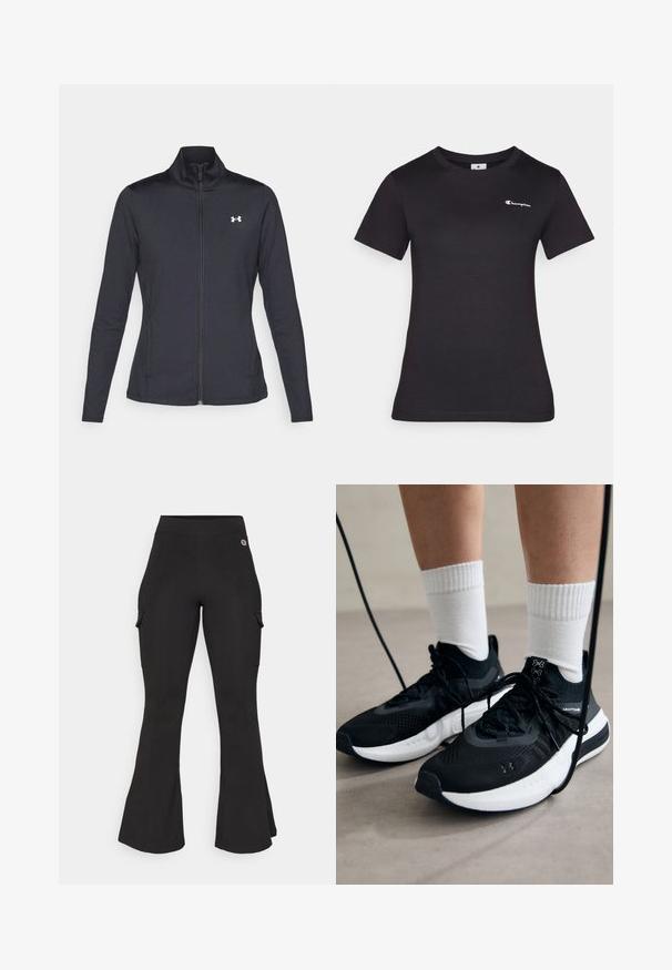 Melnās sporta jakas izgatavotas no gludas, elastīgas auduma ar augstu apkakli un pilnu rāvējslēdzēju, ar nelielu baltu logo augšējā kreisajā pusē.; Melna īsām piedurknēm T-krekls no kokvilnas, ar nelielu izšūtu logotipu uz krūtīm. Klasiska apaļa kakla dizains ar maigu tekstūru.; Melni platie cargo bikses, kas izgatavotas no elastīgas auduma. Iekļauj sānu kabatas un augstu jostasvietu. Gluda tekstūra ar minimālu detaļu skaitu.; Melni sporta apavi ar strukturētu audumu, balta zole un melni šņores. Valkāti ar baltām ribotām zeķēm, stāvot uz gaišas virsmas.