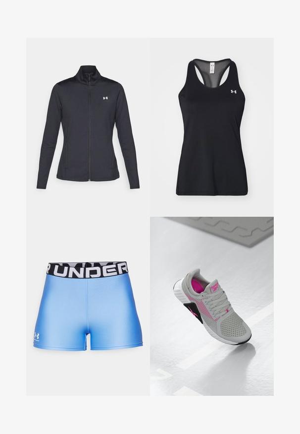 Sort atletisk jakke lavet af glat, strækbart stof med høj krave og fuld lynlås, der har et lille hvidt logo på den øverste venstre side.; Sort atletisk tanktop med struktureret stof, racerback-design og diskret logo-detajle på brystet. Letvægts- og åndbart materiale.; Under Armour HEATGEAR SHORTY - Tights - horizon blue/white; Grå og pink Reebok sportssko med mesh-overdel og detaljeret sål, vist på en reflekterende hvid overflade.