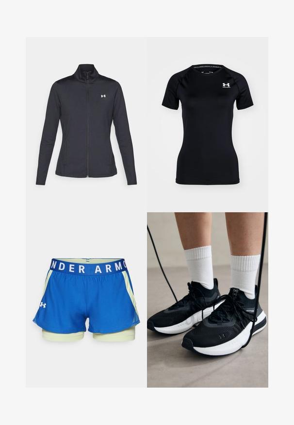 Jachetă sport neagră realizată dintr-un material neted și elastic, cu guler înalt și fermoar complet, având un mic logo alb în colțul din stânga sus.; Cămașă sportivă neagră cu mâneci scurte, realizată dintr-un material ușor și neted. Dispune de un guler rotund și un mic logo alb pe partea superioară a pieptului.; Pantaloni scurți atletici de culoare albastră cu un design din plasă, prezentând o umplutură interioară de culoare verde deschis, o talie largă albastră cu inscripția albă "UNDER ARMOUR" și logo-ul.; Căști atletice negre cu țesătură texturată, talpă albă și șireturi negre. Purtați cu șosete albe cu riflaje, stând pe o suprafață deschisă.