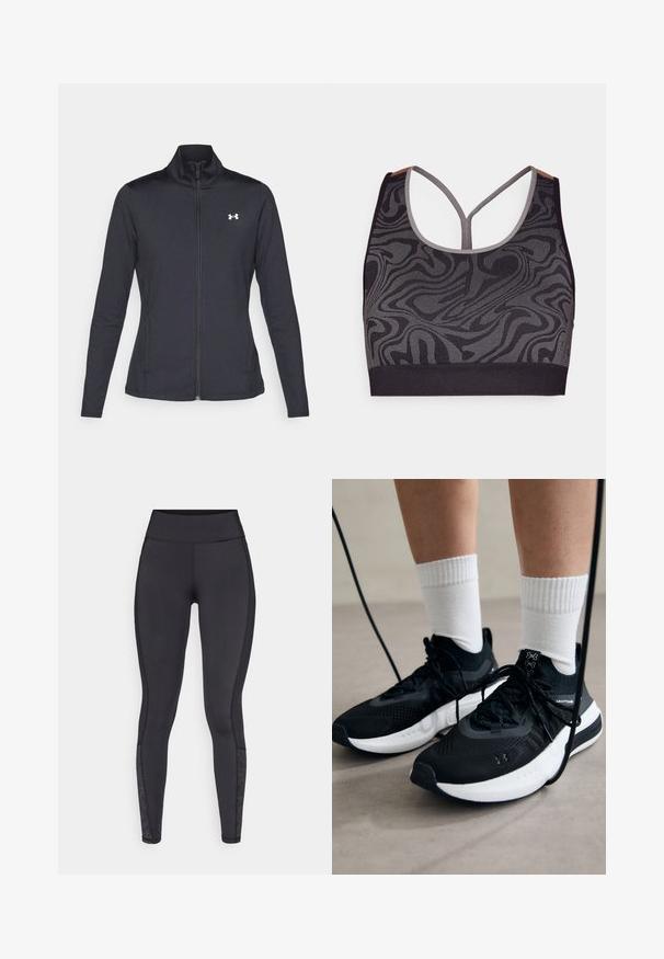 Čierna športová bunda vyrobená z hladkého, elastického materiálu s vysokým golierom a plným zipsom, s malým bielym logom na hornej ľavej strane.; Čierny športový podprsenka so šedým vírivým vzorom, so širším výstrihom a dizajnom na zadnej strane. Vyrobená z textúrovanej pleteniny.; Čierne legíny vyrobené z elastického materiálu. Vysoký pás, hladká textúra, s dezénom na dolnej časti nohavíc.; Čierne športové topánky s textúrovanou tkaninou, bielou podrážkou a čiernymi šnúrkami. Nosené s bielymi rebrovanými ponožkami, postavené na svetlom povrchu.