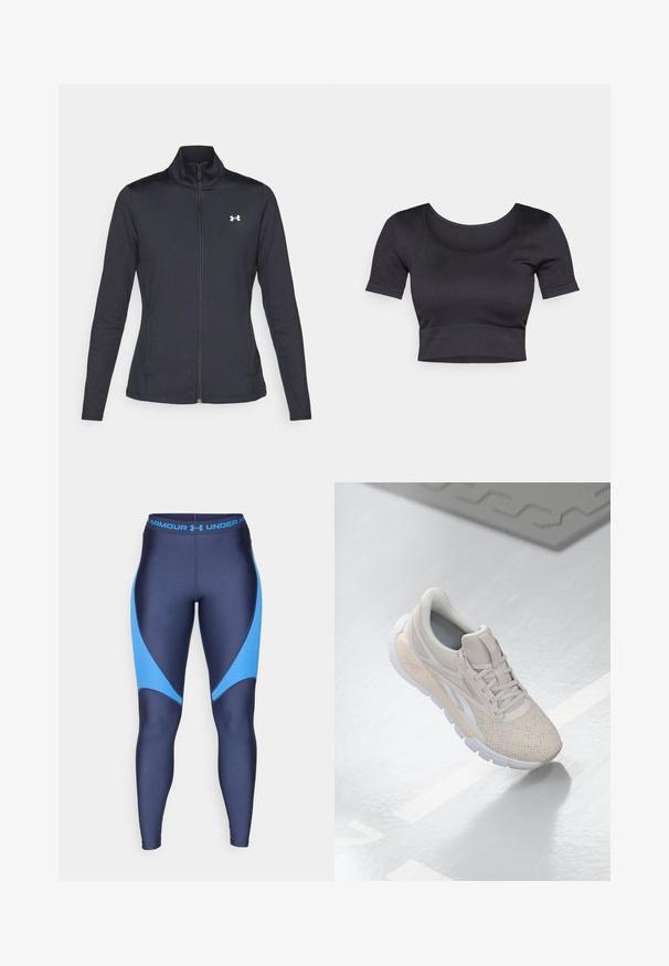 Černá sportovní bunda vyrobená z hladké a elastické textilie, s vysokým límcem a plným zipem, která má malé bílé logo na levé horní části.; Černý žebrovaný top s krátkými rukávy, širokým kulatým výstřihem a přiléhavým lemem na spodní části. Měkká textura, neformální design.; Námořnické legíny s světle modrými akcenty, vyrobené z hladké, elastické tkaniny. Mají široký pas a logo značky v modré barvě.; Světlé béžové sportovní boty s perforovaným svrškem, texturovanými akcenty, polstrovaným límcem a bílou gumovou podešví, navržené pro pohodlí a prodyšnost.