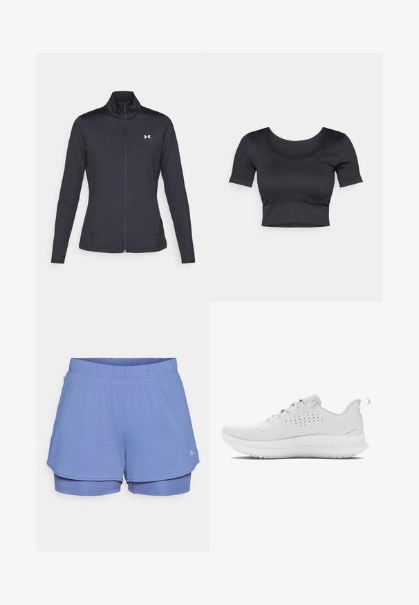 Mustmust mustrits mustritud jahk, valmistatud sujuvast, venivast kangast, kõrge kraega ja täispika tõmbluku ning väikese valge logoga vasakul üleval poole.; Must have rõngaste ja lühikeste varrukatega must ribakujundusega topsi, millel on lai ümar dekoltee ja madal vöökoht. Pehme tekstuur, juhuslik disain.; Heledadina sinised spordilühikesed püksid, mis on valmistatud tekstuuriga kangast, millel on elastne vöökoht, sisemine vooder ja diskreetne logo külje peal.; Heledad hallid spordijalatsid, millel on tekstuurne ülemine osa, augud hingamiseks ja kummist tald, millel on väljapaistva mustriga profiil.