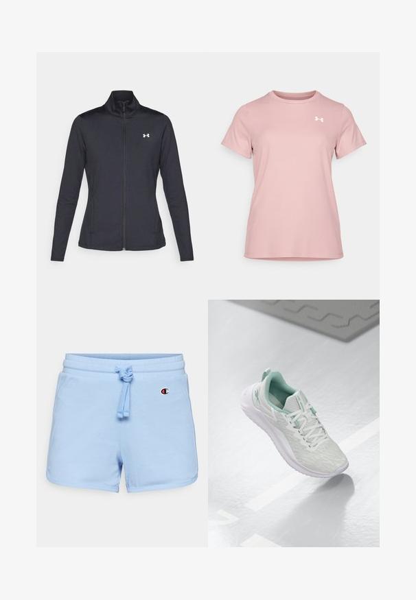 Melnās sporta jakas izgatavotas no gludas, elastīgas auduma ar augstu apkakli un pilnu rāvējslēdzēju, ar nelielu baltu logo augšējā kreisajā pusē.; Under Armour Sporta krekli - tourmaline pink/white; Gaiši zili kokvilnas šorti ar regulējamu šnēri, ar nelielu Champion logo sānos un gludu tekstūru.; Gaišpelēka sporta apava ar teksturētu trikotāžas augšu, mentolzaļiem akcentiem, baltām šņorēm, gumijas zoli un cilpu uz papēža.