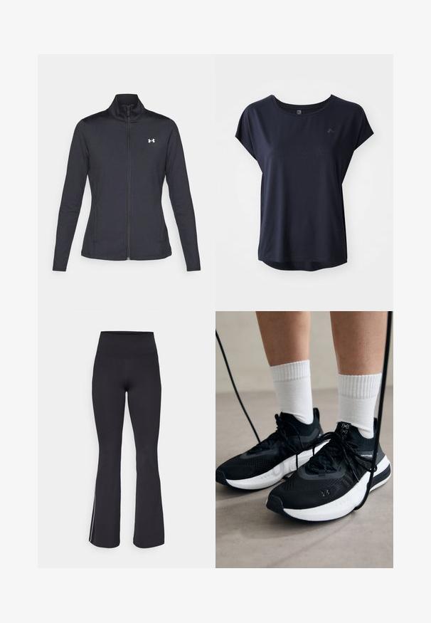 Juodas sportinis švarkas, pagamintas iš lygios, elastingos medžiagos, su aukštu apykakle ir pilnu užtrauktuku, su maža balta logo kairiajame viršutiniame kampe.; Tamsiai mėlynas sportinis marškinėlis su trumpomis rankovėmis, minkšta medžiaga, apvalia apykakle ir šiek tiek išlenktu kraštu. Maža logotipo detalė priekyje.; Juodos plačios kelnės su aukštu liemeniu, pagamintos iš tamprių audinių. Sukurtos su lygiu paviršiumi ir baltomis juostelėmis palei siūles.; Juodi sportiniai batai su tekstūruotu audiniu, balta padu ir juodais raiščiais. Dėvimi su baltais raištiniais kojiniais, stovint lengvame paviršiuje.