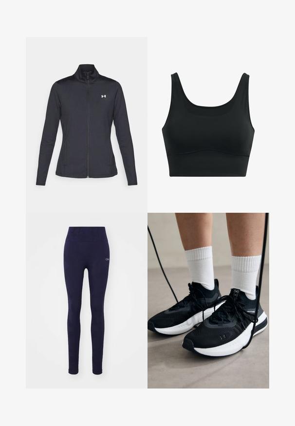Čierna športová bunda vyrobená z hladkého, elastického materiálu s vysokým golierom a plným zipsom, s malým bielym logom na hornej ľavej strane.; Čierny športový podprsenka vyrobená z hladkej tkaniny, s hlbokým výstrihom, širokými ramienkami a bezšvovým dizajnom so zaobleným lemom.; Námorníctvo legíny s vysokým pásom, vyrobené z elastického materiálu, s jemným vzorom a malým logom na prednom ľavom stehne.; Čierne športové topánky s textúrovanou tkaninou, bielou podrážkou a čiernymi šnúrkami. Nosené s bielymi rebrovanými ponožkami, postavené na svetlom povrchu.