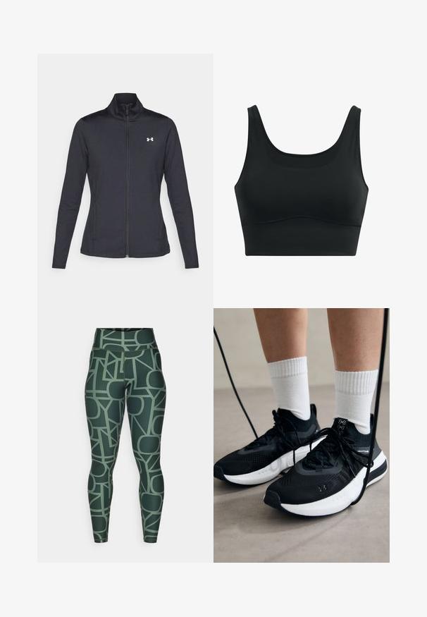 Czarna sportowa kurtka z gładkiego, elastycznego materiału, z wysokim kołnierzem i pełnym zamkiem, z małym białym logo na górnej lewej stronie.; Czarny sportowy stanik wykonany z gładkiego materiału, z okrągłym dekoldem, szerokimi ramiączkami i bezszwową konstrukcją z zaokrąglonym dołem.; Legginsy w kolorze zielonym z wysokim stanem, ozdobione geometrycznym wzorem w stonowanych tonach. Wykonane z elastycznego, gładkiego materiału o dopasowanym kroju.; Czarne buty sportowe z teksturowanym materiałem, białą podeszwą i czarnymi sznurowadłami. Nosi je osoba w białych skarpetkach w prążki, stojąca na jasnej powierzchni.