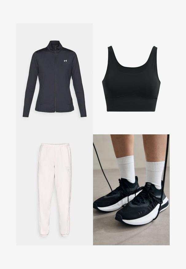 Musta urheilutakki, joka on valmistettu sileästä ja joustavasta kankaasta. Takissa on korkea kaulus ja täysipitkä vetoketju, sekä pieni valkoinen logo vasemmalla ylhäällä.; Mustat urheiluliivit, jotka on valmistettu sileästä kankaasta. Niissä on pyöreä pääntie, leveät hihnat ja saumatonta muotoilua kaarrettuine helmoineen.; Vaaleanpunaiset collegehousut pehmeästä kankaasta, joissa on joustava vyötärö, sivukaistat ja pieni logo vasemmassa reidessä.; Mustat urheilukengät, joissa on teksturoitua kangasta, valkoiset pohjat ja mustat nauhat. Yhdistetty valkoisten urheilusukkien kanssa, seisten vaalealla pinnalla.