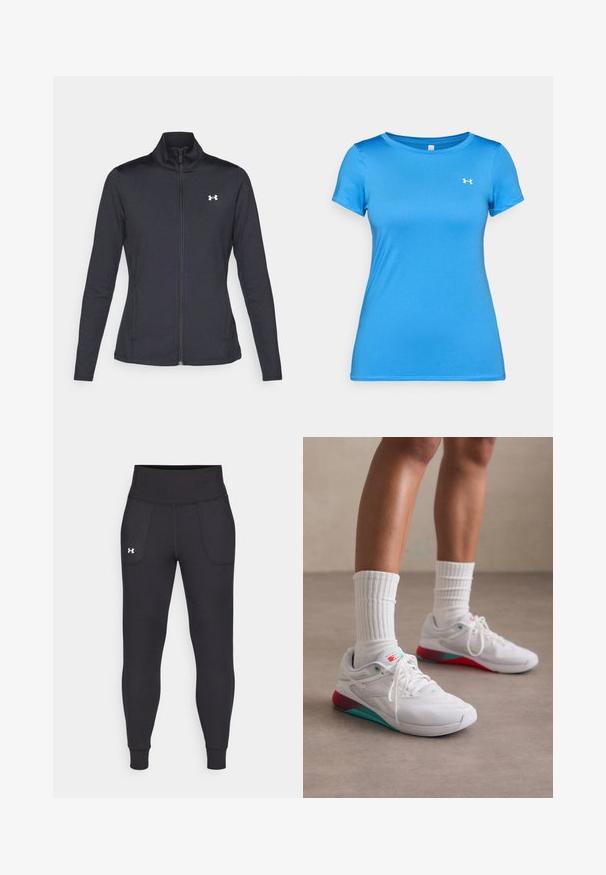 Giacca sportiva nera realizzata in tessuto morbido ed elasticizzato, con colletto alto e zip completa, caratterizzata da un piccolo logo bianco sul lato sinistro superiore.; Maglietta atletica blu a maniche corte con collo rotondo e piccolo logo Under Armour bianco sulla parte superiore del petto.; Leggings atletici neri realizzati in materiale elastico, con un alto giro vita, tasche laterali e polsini aderenti alla caviglia.; Scarpe da atletica bianche con tomaia testurizzata, dettagli turchesi e tallone rosso. Indossate con calzini bianchi a coste. Presentano lacci e marchi.