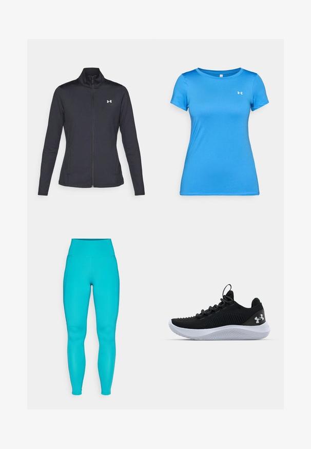 Fekete sportos dzseki sima, rugalmas anyagból, magas gallérral és teljes cipzárral, az elülső bal oldalon egy kis fehér logóval.; Kék, rövid ujjú sportpóló, kerek nyakkivágással és a felső mellkason egy kis fehér Under Armour logóval.; Türkiz leggings magas derékkal, rugalmas anyagból készült. Simaság jellemzi, oldalsó varrással, és testhezálló kialakítása megkönnyíti a mozgást.; Fekete sportcipők légáteresztő hálós felsőrésszel, texturált részletekkel és fehér gumitalppal. Lapos fűzővel és sarokhúzó füllel rendelkezik.