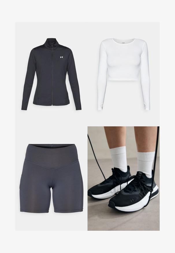 Black athletic jacket made of smooth, stretchy fabric with a high collar and full zipper, featuring a small white logo on the upper left side.; White long-sleeve crop top made from a smooth, stretchy material featuring a round neckline and fitted silhouette. Minimalist design.; Dark gray athletic shorts made of smooth, stretchy fabric. Features a high waistband and contrasting stitching, with a side pocket detail.; Black athletic shoes with textured fabric, white sole, and black laces. Worn with white ribbed socks, standing on a light surface.