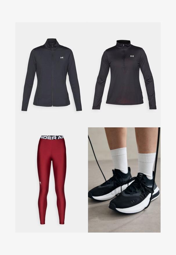 Casaco atlético preto feito de um tecido liso e elástico, com gola alta e zíper completo, apresentando um pequeno logótipo branco no canto superior esquerdo.; Pulôver preto de mangas compridas com design de fecho de zíper de um quarto, feito de tecido suave, apresentando um pequeno logótipo branco no lado esquerdo do peito.; Leggings bordeaux feitos de um material elástico com uma faixa elástica preta apresentando "UNDER ARMOUR" impresso em branco.; Sapatilhas desportivas pretas com tecido texturizado, sola branca e atacadores pretos. Usadas com meias brancas caneladas, a pé sobre uma superfície clara.
