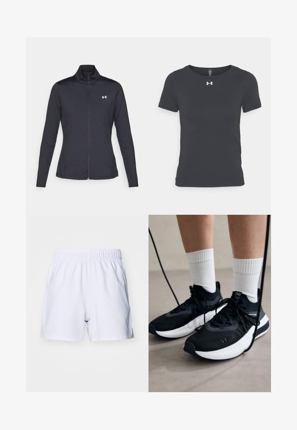 Melnās sporta jakas izgatavotas no gludas, elastīgas auduma ar augstu apkakli un pilnu rāvējslēdzēju, ar nelielu baltu logo augšējā kreisajā pusē.; Melnas īsām piedurknēm sporta krekls, izgatavots no viegla materiāla, ar apaļu kakla izgriezumu un Under Armour logo uz krūtīm.; J.LINDEBERG Sports PRICILLA SHORTS - Sporta šorti - white; Melni sporta apavi ar strukturētu audumu, balta zole un melni šņores. Valkāti ar baltām ribotām zeķēm, stāvot uz gaišas virsmas.