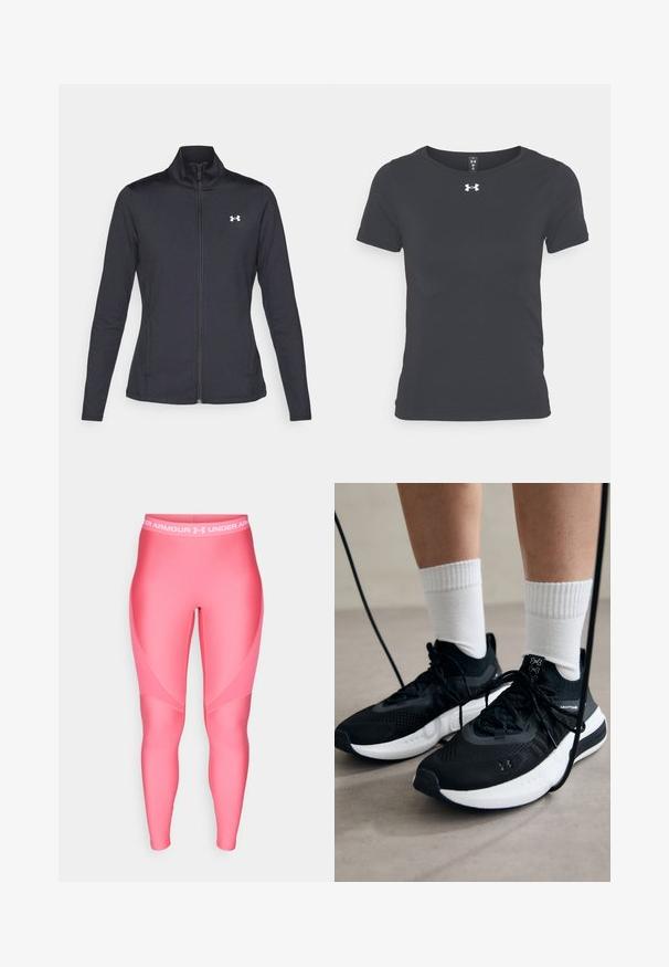Black athletic jacket made of smooth, stretchy fabric with a high collar and full zipper, featuring a small white logo on the upper left side.; Black short-sleeve athletic shirt made of lightweight material with a round neckline and Under Armour logo on the chest.; Pink athletic leggings with a smooth texture, featuring a white elastic waistband with the "Under Armour" logo and angular design details.; Black athletic shoes with textured fabric, white sole, and black laces. Worn with white ribbed socks, standing on a light surface.
