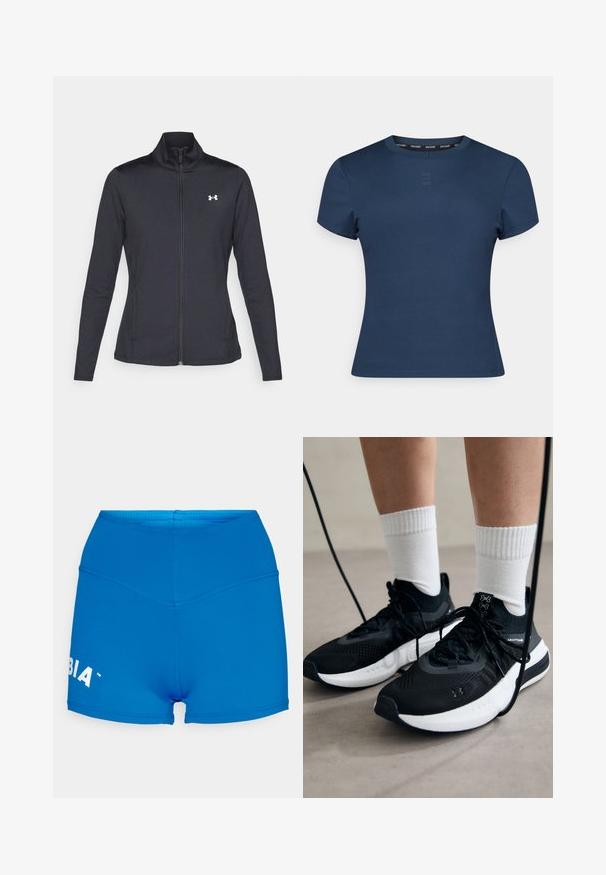 Černá sportovní bunda vyrobená z hladké a elastické textilie, s vysokým límcem a plným zipem, která má malé bílé logo na levé horní části.; Námořnická modrá, krátký rukáv, tričko z ribbed látky s kulatým výstřihem, slim fit a jemným logem značky na hrudi.; Modré šortky s vysokým pasem vyrobené z pružné tkaniny s hladkou strukturou. Mají logo na levé noze a bezešvou konstrukci.; Černé sportovní boty s texturovanou tkaninou, bílou podrážkou a černými tkaničkami. Nosené s bílými žebrovanými ponožkami, stojící na světlém povrchu.