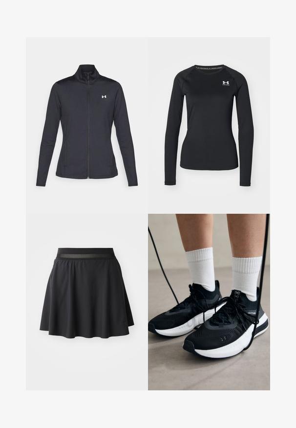 Chaqueta deportiva negra hecha de una tela suave y elástica, con cuello alto y cremallera completa, que presenta un pequeño logo blanco en la parte superior izquierda.; Camisa atlética de manga larga negra hecha de una tela suave, con un escote redondo y un pequeño logotipo blanco en el lado izquierdo del pecho.; Falda atlética negra con un diseño acampanado, cinturilla elástica con un acento de malla y un parche con logo en el lado inferior.; Zapatillas deportivas negras con tela texturizada, suela blanca y cordones negros. Llevadas con calcetines blancos de canalé, de pie sobre una superficie clara.