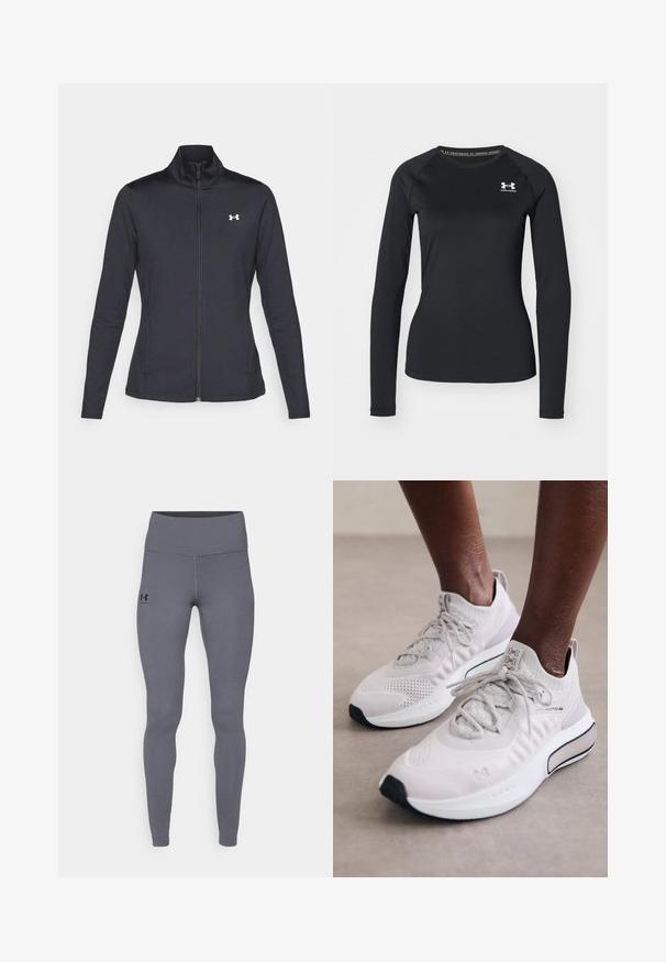 Crna atletska jakna napravljena od glatkog, rastezljivog materijala s visokim kragnom i punim patentnim zatvaračem, s malim bijelim logotipom na gornjoj lijevoj strani.; Crna termo majica dugih rukava od glatkog materijala, s okruglim izrezom i malim bijelim logotipom na lijevoj strani prsnog koša.; Sive tajice za sport napravljene od glatkog, rastezljivog materijala. Visoki struk i prilagođene noge. Crni logo na lijevom kuku. Nema vidljivih šavova.; Svijetlo sivi atletski tenisice s teksturiranim pletenim gornjištem, mekanim đonom i crnim akcentima, dizajnirane za udobnost i performanse.