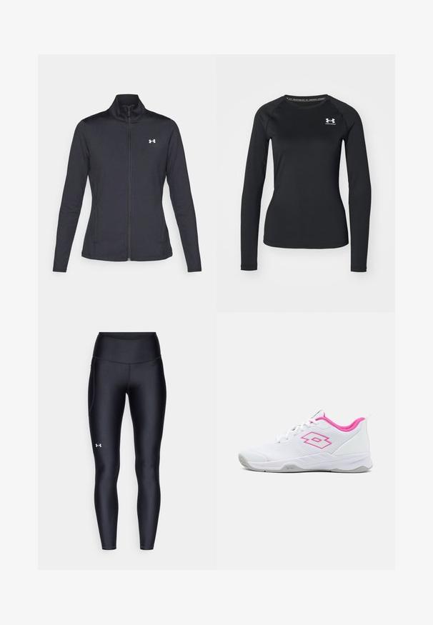 Black athletic jacket made of smooth, stretchy fabric with a high collar and full zipper, featuring a small white logo on the upper left side.; Black long-sleeve athletic shirt made of smooth fabric, featuring a round neckline and a small white logo on the left chest.; Black leggings made of smooth, stretchy material with a high waistband. Features a white logo on the left thigh and fitted design.; Lotto MIRAGE 700 ALR - Multicourt tennis shoes - all white/wild orchid