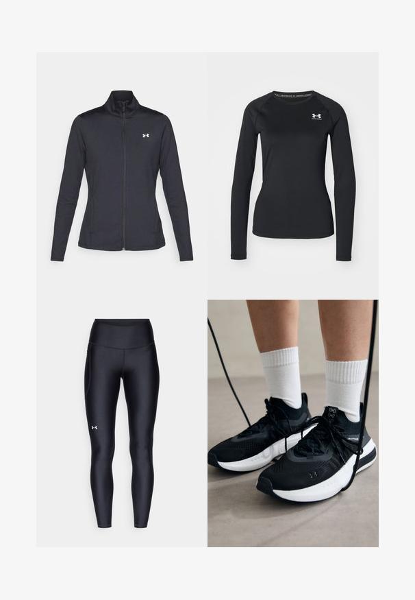 Veste de sport noire en tissu lisse et extensible avec un col montant et une fermeture éclair intégrale, arborant un petit logo blanc sur le côté supérieur gauche.; T-shirt de sport noir à manches longues en tissu lisse, avec un col rond et un petit logo blanc sur la poitrine gauche.; Leggings noirs en matière lisse et extensible avec une taille haute. Présentent un logo blanc sur la cuisse gauche et un design ajusté.; Chaussures de sport noires en tissu texturé, avec une semelle blanche et des lacets noirs. Portées avec des chaussettes blanches côtelées, debout sur une surface claire.