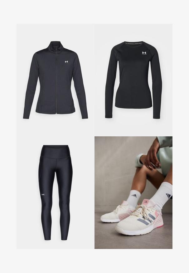 Schwarze Sportjacke aus glattem, dehnbarem Stoff mit hohem Kragen und durchgehendem Reißverschluss, ausgestattet mit einem kleinen weißen Logo auf der oberen linken Seite.; Schwarzes langärmliges Sportshirt aus glattem Material, mit Rundhalsausschnitt und einem kleinen weißen Logo auf der linken Brust.; Schwarze Leggings aus glattem, elastischem Material mit einem hohen Bund. Mit einem weißen Logo auf dem linken Oberschenkel und tailliertem Design.; adidas Performance DROPSET 3 - Trainingsschuh - chalk white/iron metallic/semi pink spark