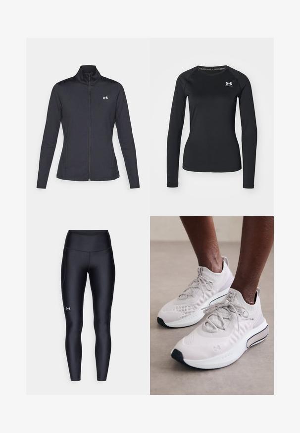 Chaqueta deportiva negra hecha de una tela suave y elástica, con cuello alto y cremallera completa, que presenta un pequeño logo blanco en la parte superior izquierda.; Camisa atlética de manga larga negra hecha de una tela suave, con un escote redondo y un pequeño logotipo blanco en el lado izquierdo del pecho.; Leggings negros hechos de un material suave y elástico con una cintura alta. Presentan un logo blanco en el muslo izquierdo y un diseño ajustado.; Zapatillas deportivas de color gris claro que cuentan con una parte superior de punto texturizado, suela acolchada y detalles en negro, diseñadas para la comodidad y el rendimiento.